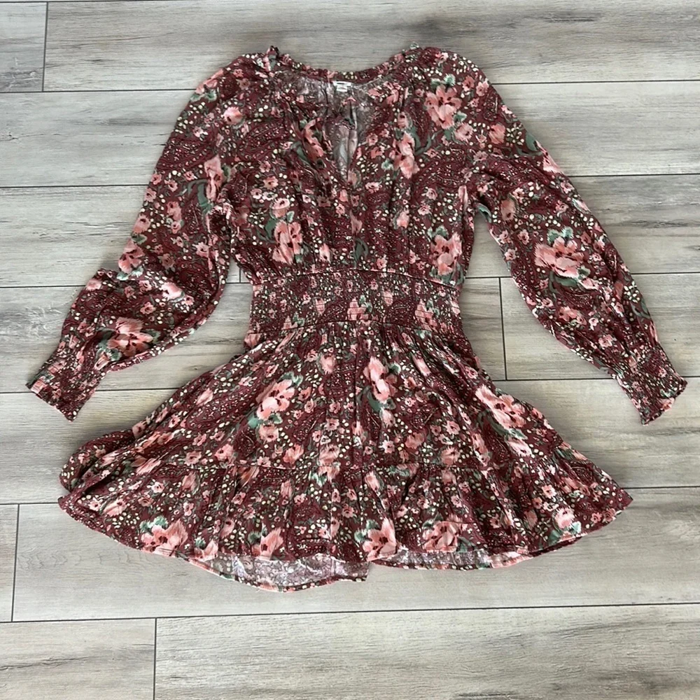 Aerie size small floral gathered waist spring dress long sleeve